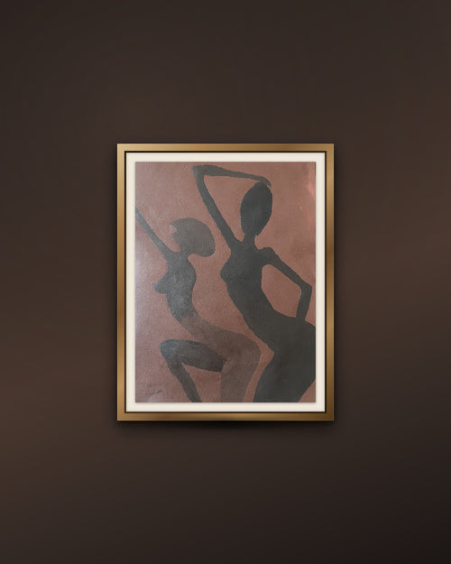 Original abstract acrylic painting by N. CHIZOBA featuring two feminine silhouettes in flowing poses against a warm terracotta background, representing connection and duality.