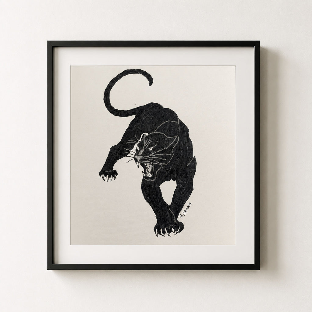 A dark feline emerging from the shadows, carrying an energy that feels ancient, watchful, and untamed. A piece about mystery, instinct, and the beauty found in darkness. Pencil on paper 