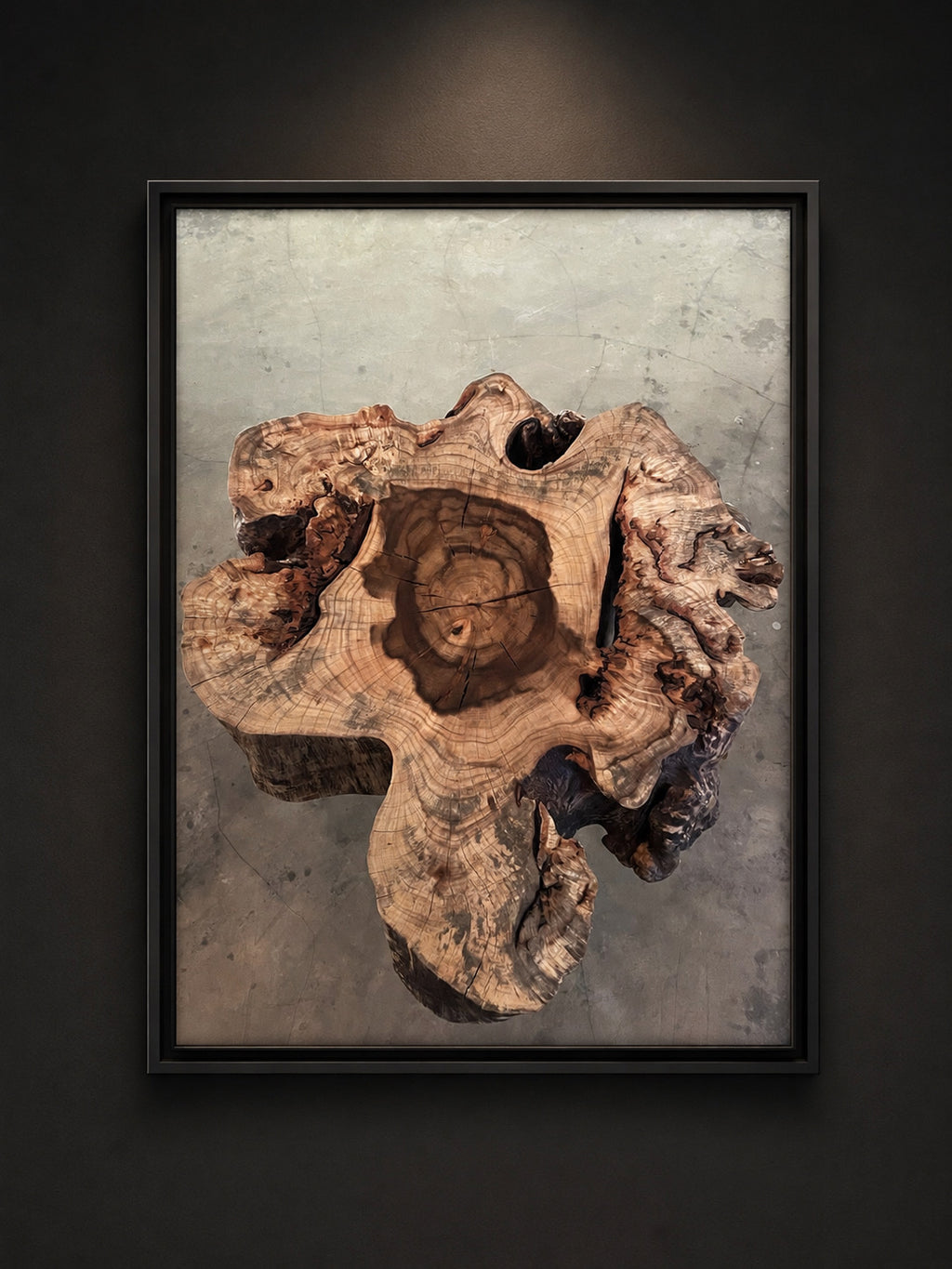 Black framed photography print of a cracked, weathered wood cross section showing concentric growth rings and natural burl edges, displayed on a dark wall ‘Rings of Time’ fine art print by TriflexCreativeStudio” Available framed or unframed. Each piece is a limited edition, signed and numbered by the artist.