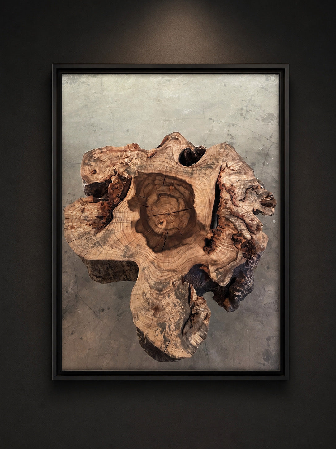 Black framed photography print of a cracked, weathered wood cross section showing concentric growth rings and natural burl edges, displayed on a dark wall ‘Rings of Time’ fine art print by TriflexCreativeStudio” Available framed or unframed. Each piece is a limited edition, signed and numbered by the artist.