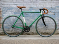 VERDE classic green fixed-gear bicycle with white frame accents, brown leather-style saddle and handlebars, photographed against a weathered brick wall. Product of Triflex Creative Studio.